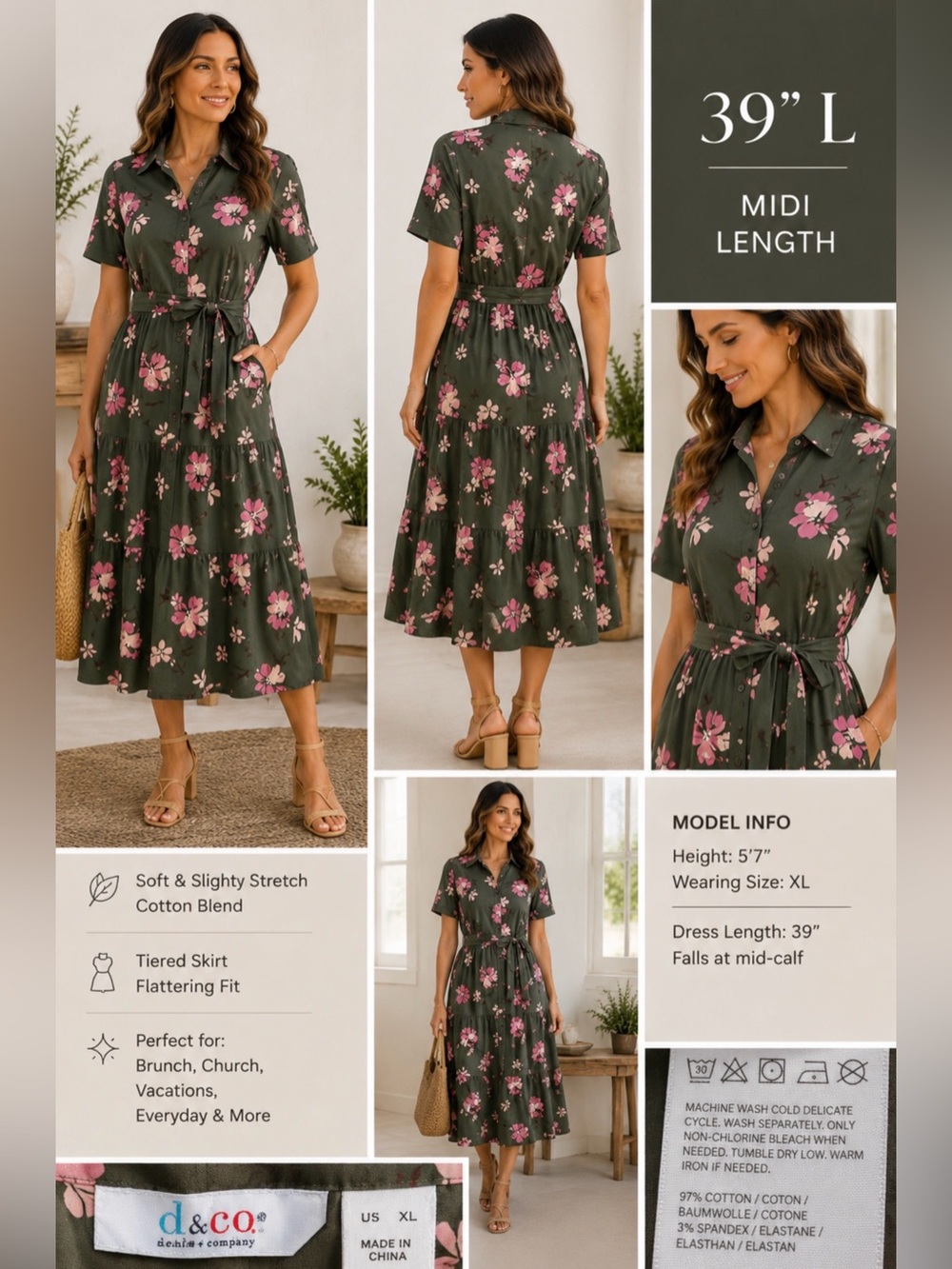 d&co Denim + Company Olive Green Floral Belted Tiered Midi Dress Size XL